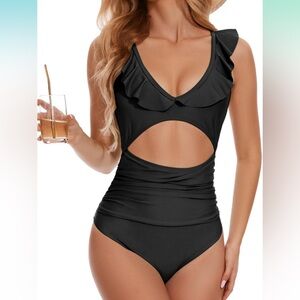 NWOT Black Ruffled Cutout Swimsuit
